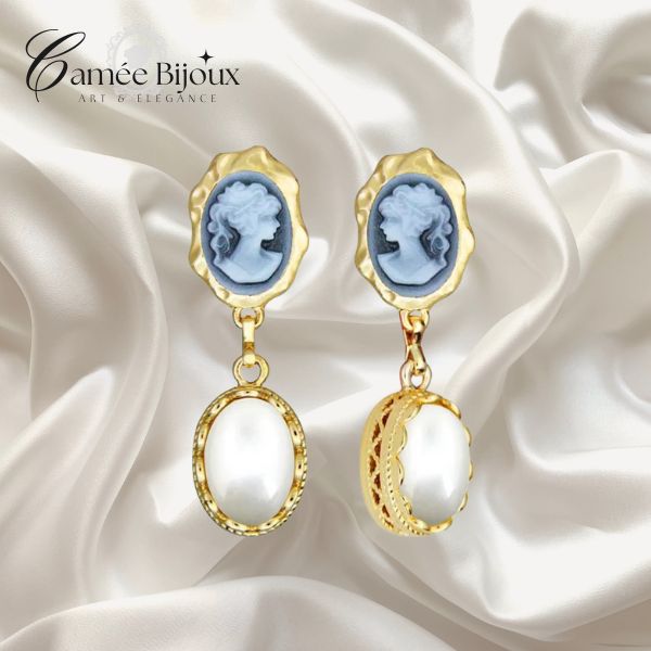 Boucles d'oreilles camée Ovale Fleur Dame Grise ou Rose