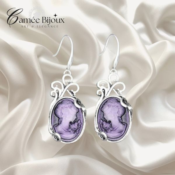 Boucles d'oreilles pendantes Camée- Argent antique avec perles de camée colorées ( 6 couleurs )