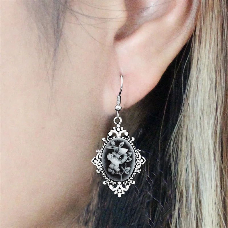 Boucles d'oreilles camée Papillon Vintage avec Crochet en Acier Inoxydable