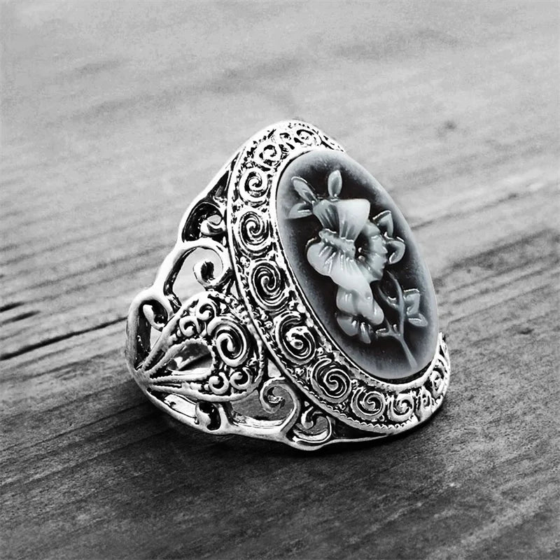 Bagues camées papillon grise pour femmes, plaqué argent