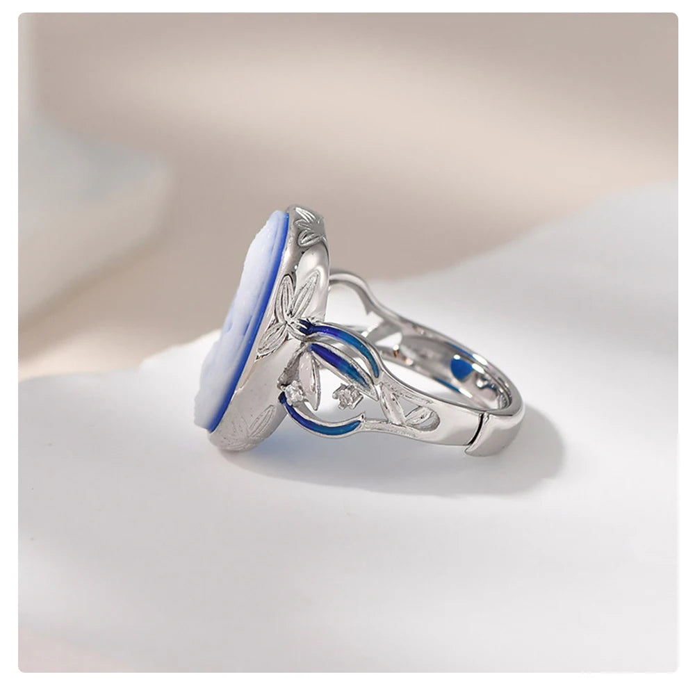 Bague camée en agate bleue naturelle et argent sterling 925