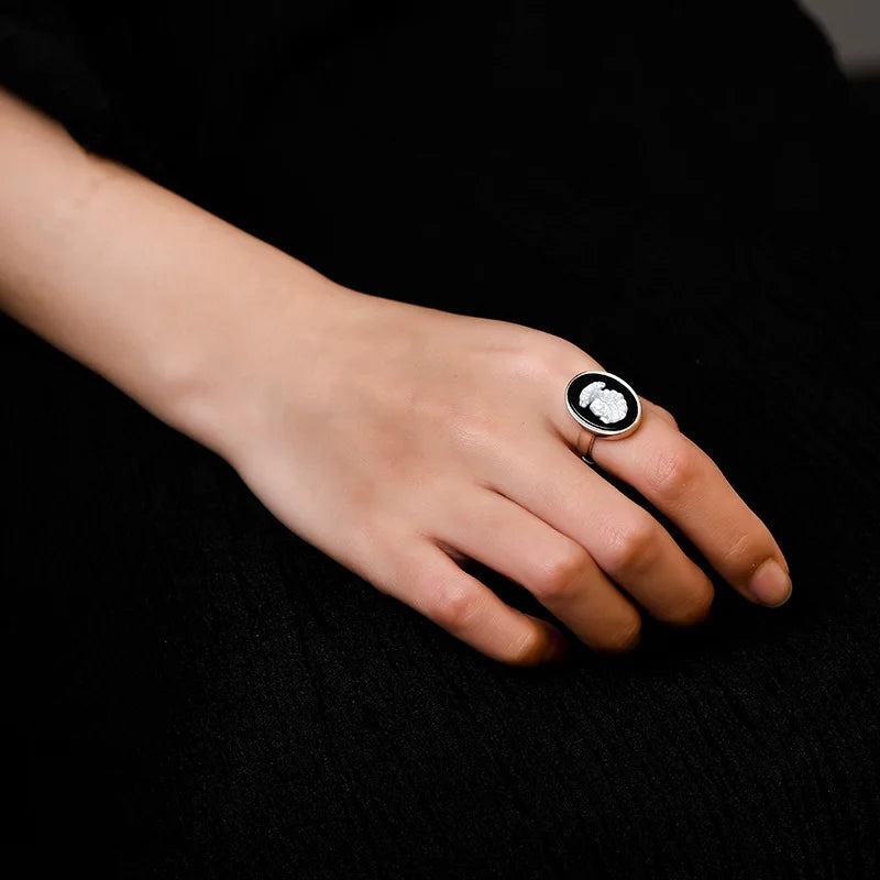 Bague camée Portrait en onyx noir et argent sterling 925