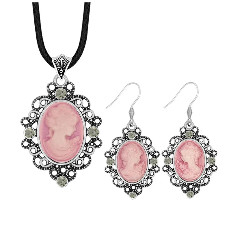 Ensemble bijoux camée reine vintage - collier et boucles d'oreilles avec pendentif fleur et cristaux ( 6 couleurs )