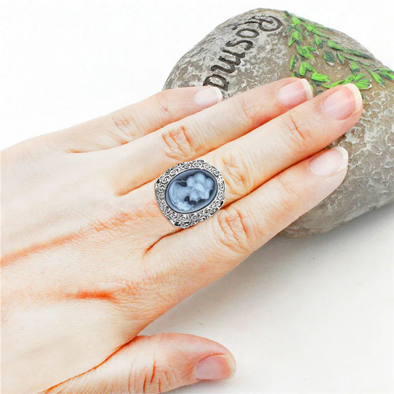 Bague camée ovale Vintage - Anneau floral en Argent antique ( 6 couleurs )
