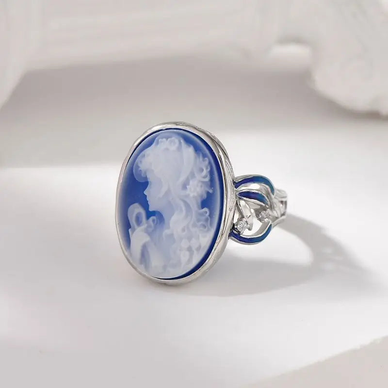 Bague camée en agate bleue naturelle et argent sterling 925