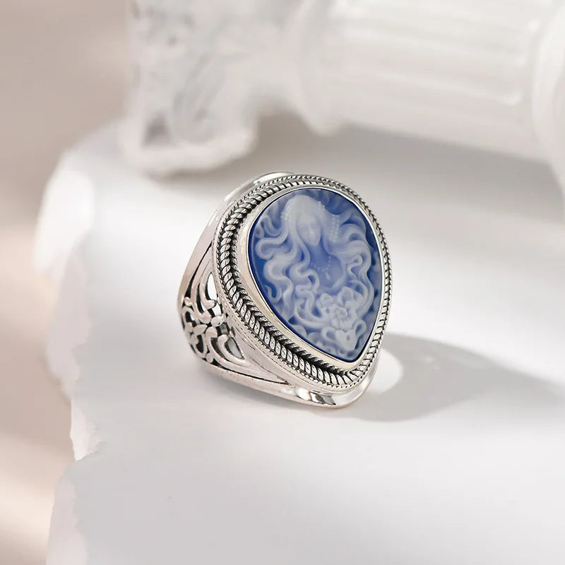 Bague camée Medusa en onyx bleu naturel et argent sterling 925
