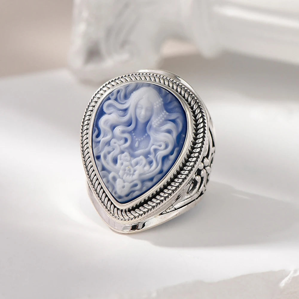 Bague camée Medusa en onyx bleu naturel et argent sterling 925