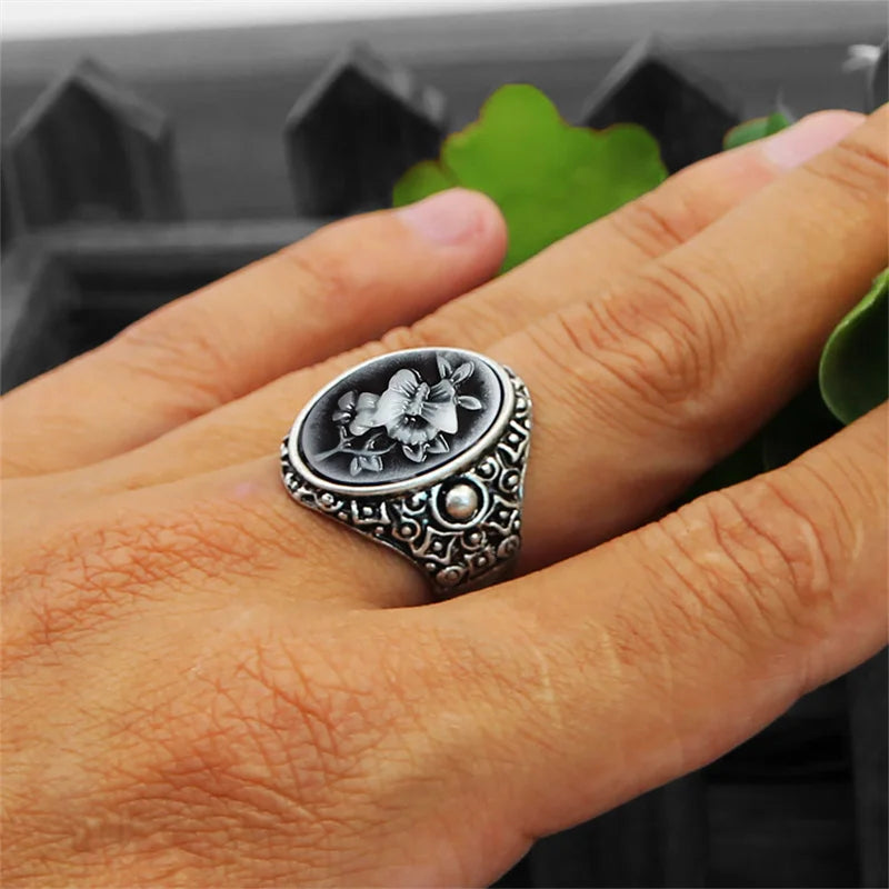 Bague camée papillon vintage pour femme - Argent antique bohème