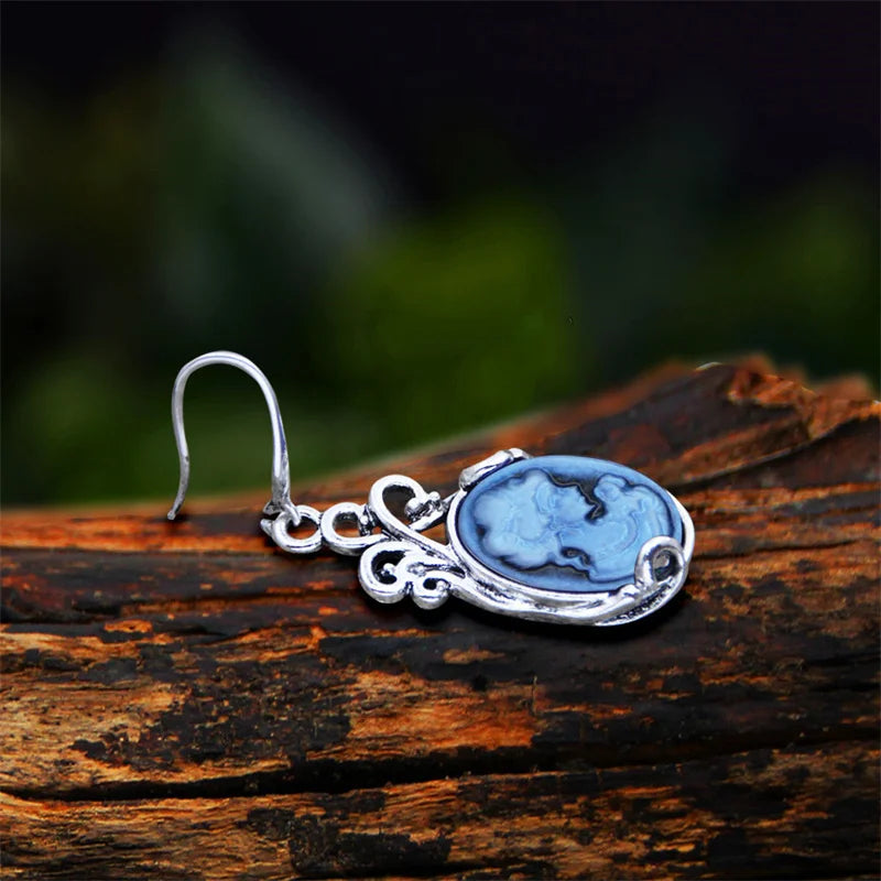 Boucles d'oreilles pendantes Camée- Argent antique avec perles de camée colorées ( 6 couleurs )
