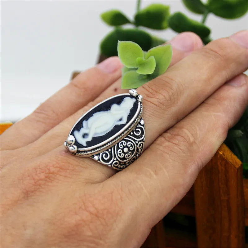 Bague camée Œil de Dame vintage - Plaqué argent antique avec motif floral Victoria