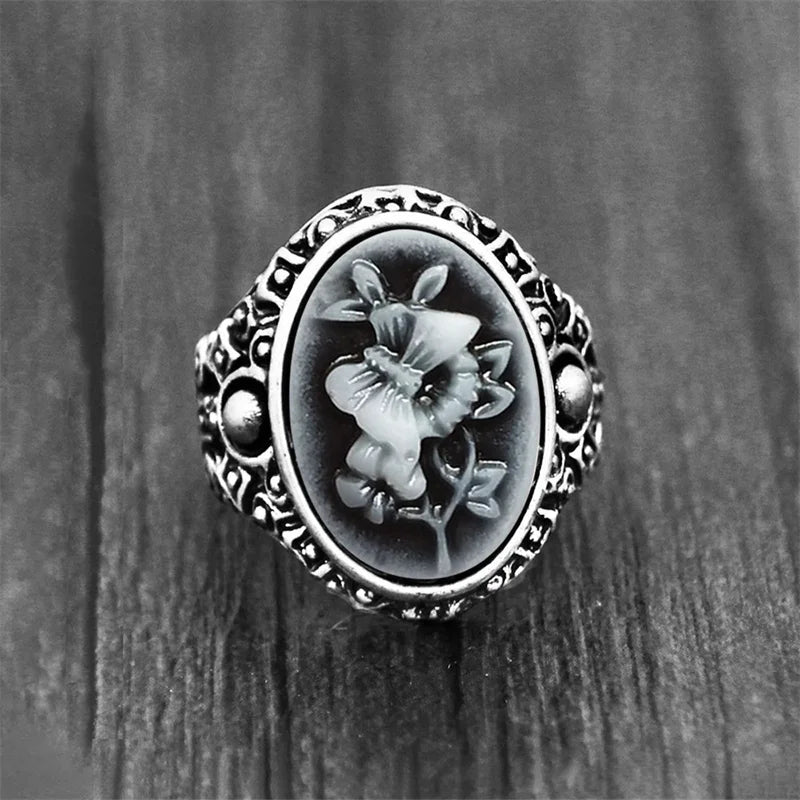 Bague camée papillon vintage pour femme - Argent antique bohème