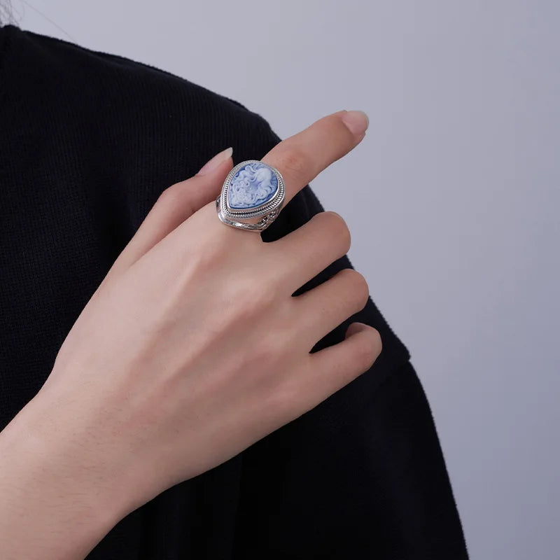 Bague camée Medusa en onyx bleu naturel et argent sterling 925