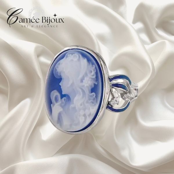 Bague camée en agate bleue naturelle et argent sterling 925