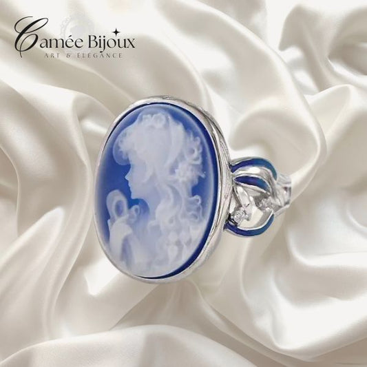 Bague camée en agate bleue naturelle et argent sterling 925