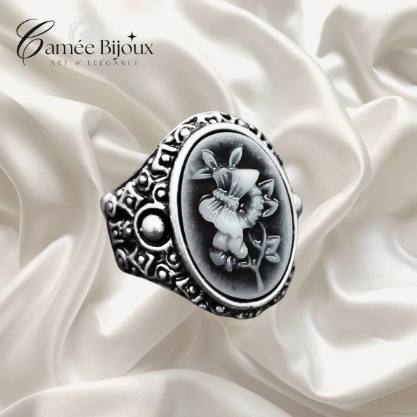 Bague camée papillon vintage pour femme - Argent antique bohème