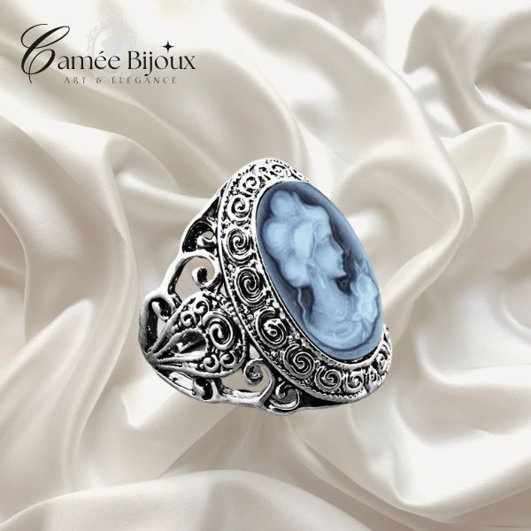 Bague camée ovale Vintage - Anneau floral en Argent antique ( 6 couleurs )
