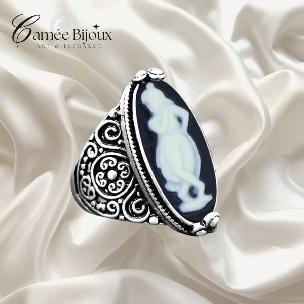 Bague camée Œil de Dame vintage - Plaqué argent antique avec motif floral Victoria