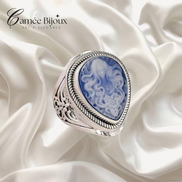 Bague camée Medusa en onyx bleu naturel et argent sterling 925