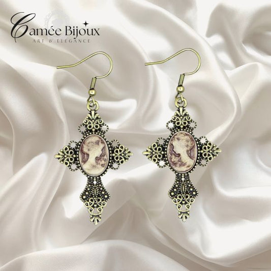 Boucles d'oreilles camée Croix Queen Vintage ( 6 couleurs disponibles )