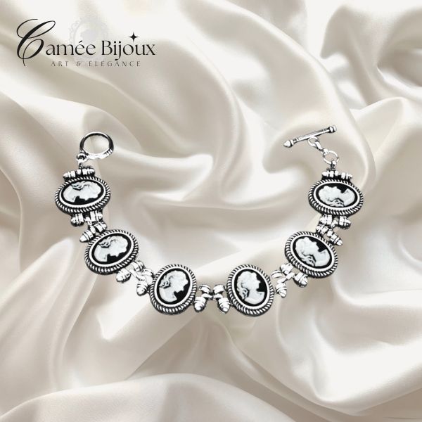 Bracelet camée Ovale Dame Reine Vintage pour femmes en plaqué argent