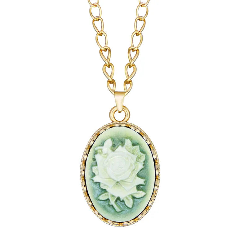Pendentif Caméo Vintage Avec Cordon - Résine Verte - Style Jumelles - Neuf Étiqueté