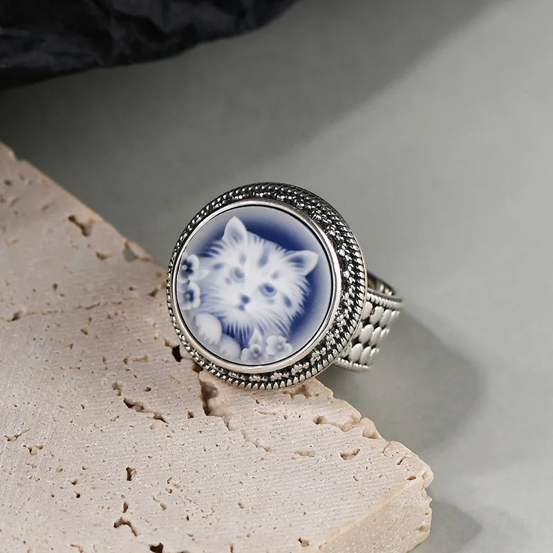 Bague camée Chat mignon en agate bleue et argent sterling 925