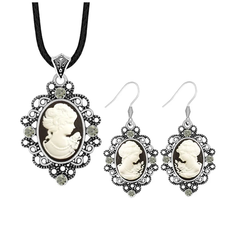 Ensemble bijoux camée reine vintage - collier et boucles d'oreilles avec pendentif fleur et cristaux ( 6 couleurs )
