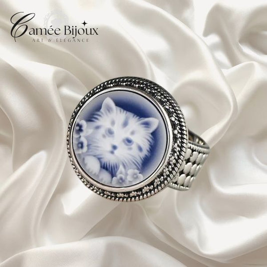 Bague camée Chat mignon en agate bleue et argent sterling 925