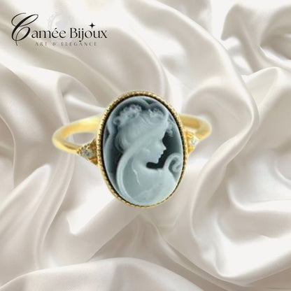 Bague camée beauté noire en agate et plaqué or 18 carats