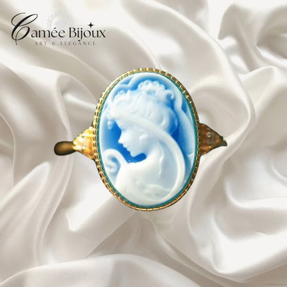 Bague camée beauté bleue en agate et plaqué or 18 Carats